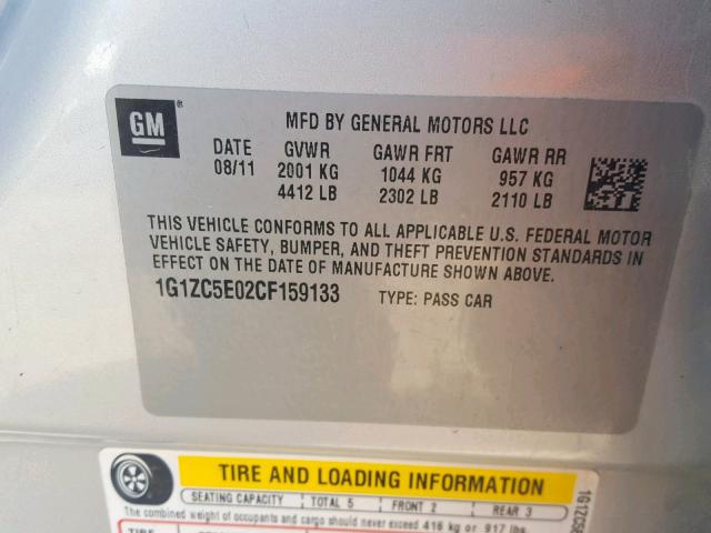 1G1ZC5E02CF159133 - 2012 CHEVROLET MALIBU 1LT Gümüş fotoğraf 10