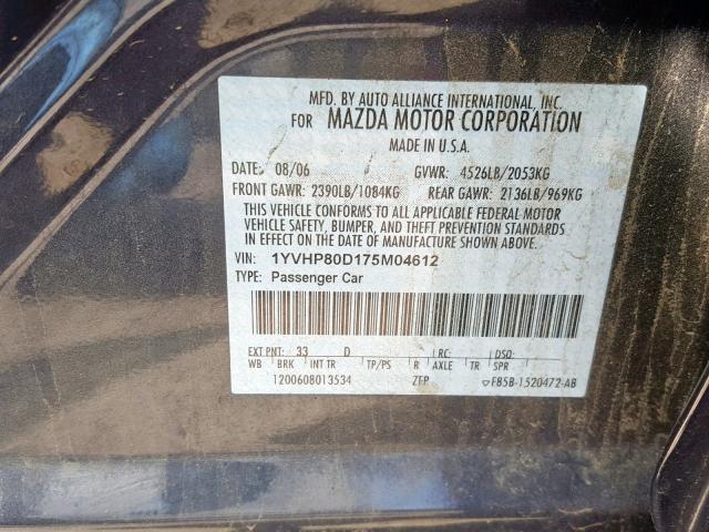 1YVHP80D175M04612 - 2007 MAZDA 6 S GRAY photo 10