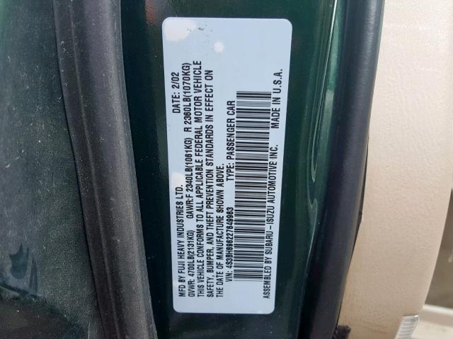 4S3BH896227649963 - 2002 SUBARU LEGACY OUT GREEN photo 10