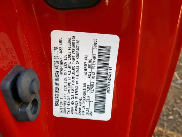 JN1CV6EK5CM421191 - 2012 INFINITI G37 BASE RED photo 10