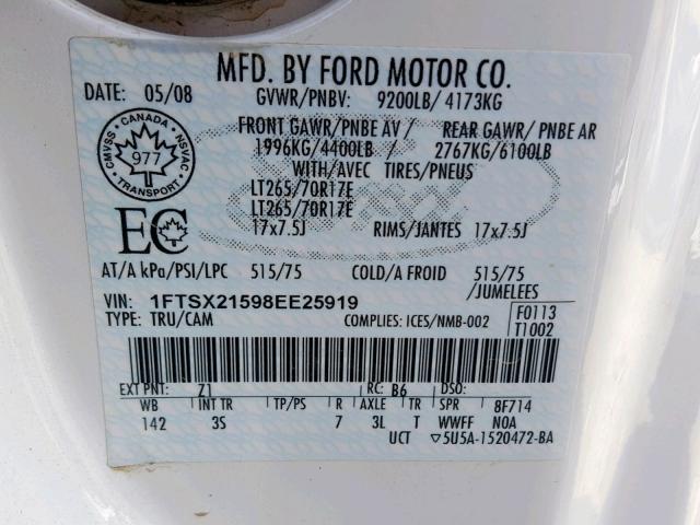 1FTSX21598EE25919 - 2008 FORD F250 SUPER WHITE photo 10