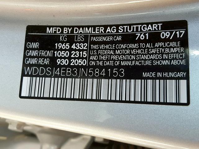 WDDSJ4EB3JN584153 - 2018 MERCEDES-BENZ CLA 250 SILVER photo 10