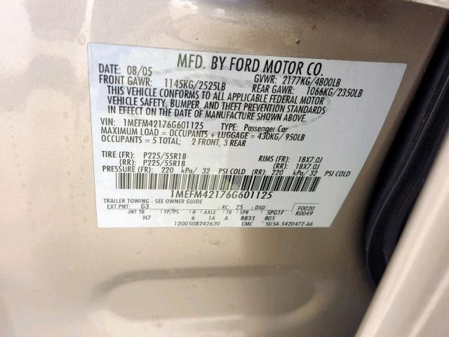 1MEFM42176G601125 - 2006 MERCURY MONTEGO PR GOLD photo 10