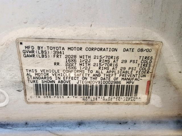 JTEGH20V910002986 - 2001 TOYOTA RAV4 WHITE photo 10