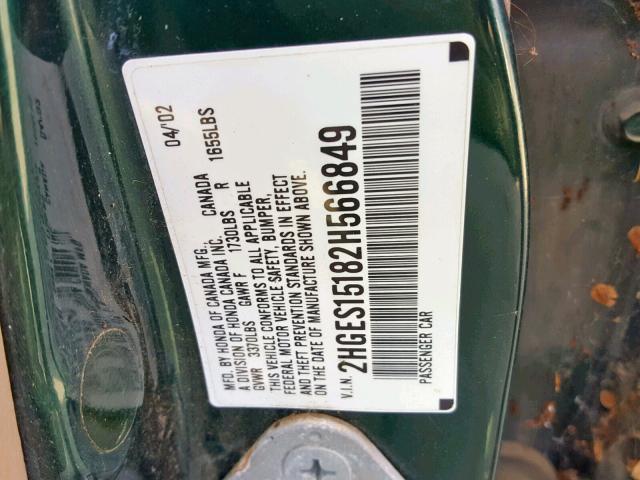 2HGES15182H566849 - 2002 HONDA CIVIC DX GREEN photo 10