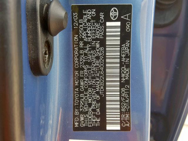 JTDKB22U640029328 - 2004 TOYOTA PRIUS BLUE photo 10