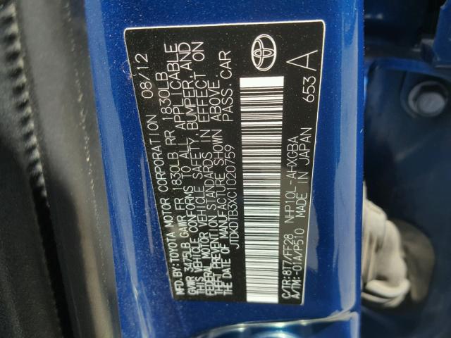 JTDKDTB3XC1020759 - 2012 TOYOTA PRIUS C BLUE photo 10