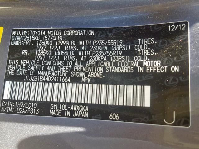 JTJZB1BA4D2411664 - 2013 LEXUS RX 450H SILVER photo 10