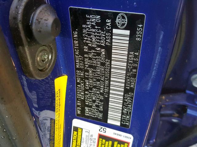 4T1B21HK1JU502262 - 2018 TOYOTA CAMRY HYBR BLUE photo 10