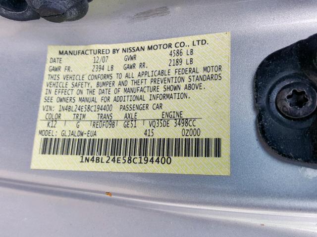 1N4BL24E58C194400 - 2008 NISSAN ALTIMA 3.5 SILVER photo 10