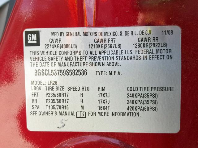 3GSCL53759S582536 - 2009 SATURN VUE XR RED photo 10