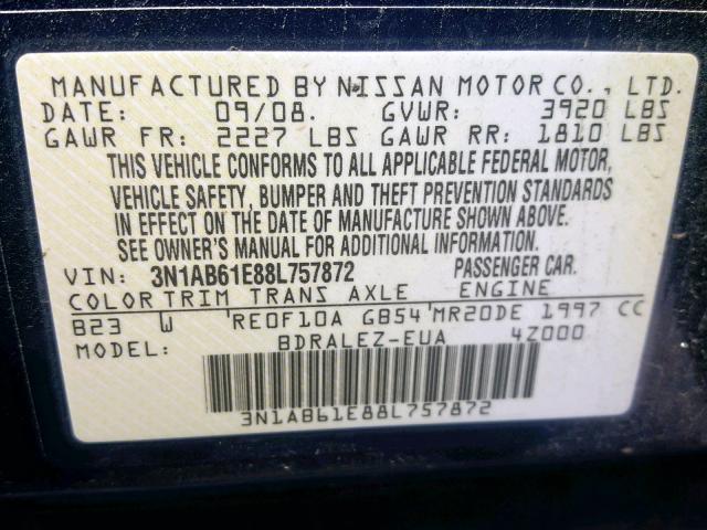 3N1AB61E88L757872 - 2008 NISSAN SENTRA 2.0 BLUE photo 10