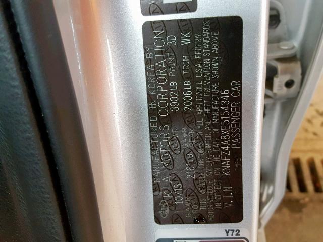 KNAFZ4A8XE5154346 - 2014 KIA FORTE EX SILVER photo 10