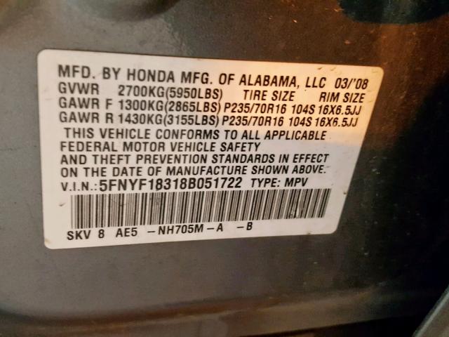 5FNYF18318B051722 - 2008 HONDA PILOT SE GRAY photo 10