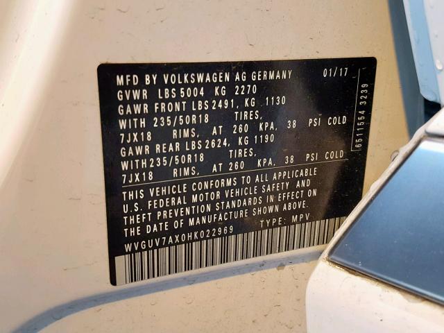 WVGUV7AX0HK022969 - 2017 VOLKSWAGEN TIGUAN SPO თეთრი ფოტო 10