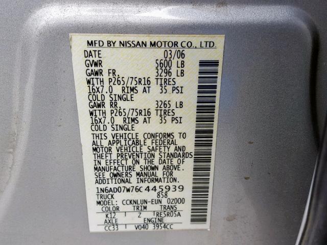 1N6AD07W76C445939 - 2006 NISSAN FRONTIER C SILVER photo 10