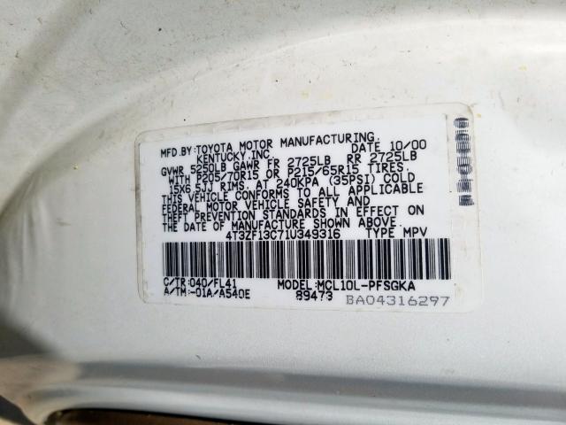 4T3ZF13C71U349316 - 2001 TOYOTA SIENNA LE  photo 10