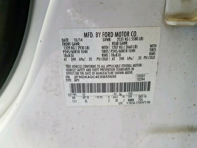 2FMDK4GC4EBB55655 - 2014 FORD EDGE SE WHITE photo 10