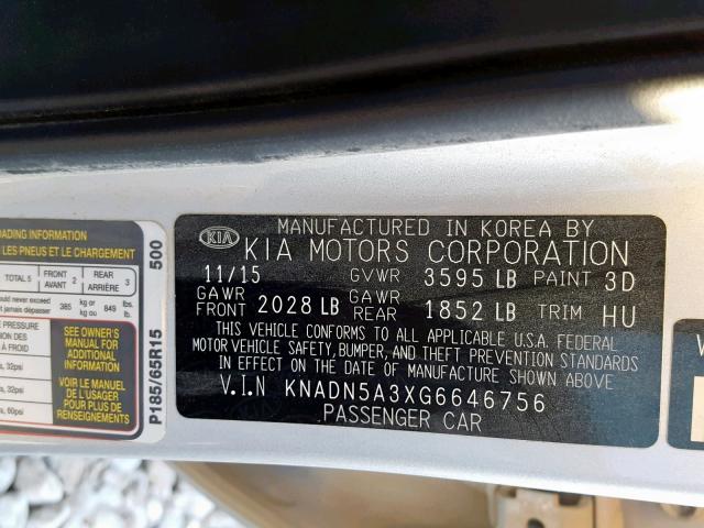 KNADN5A3XG6646756 - 2016 KIA RIO EX SILVER photo 10