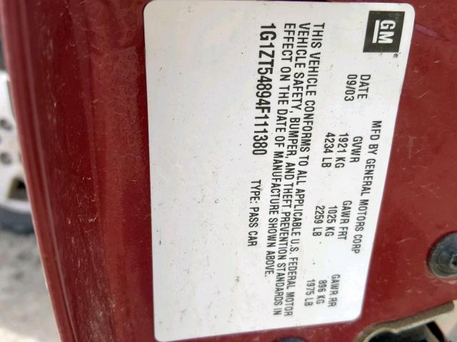1G1ZT54894F111380 - 2004 CHEVROLET MALIBU LS BURGUNDY photo 10