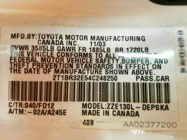 2T1BR32E54C248250 - 2004 TOYOTA toyota corolla  photo 10