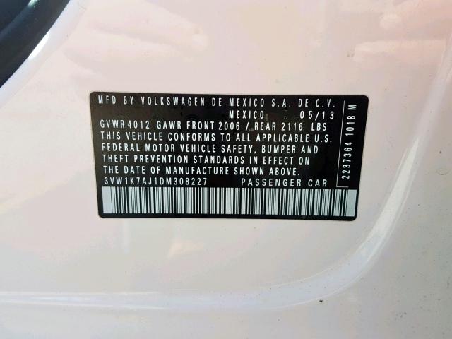 3VW1K7AJ1DM308227 - 2013 VOLKSWAGEN JETTA BASE WHITE photo 10