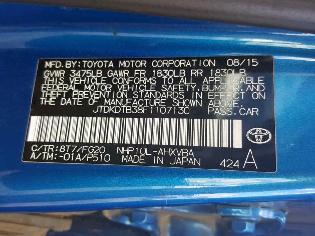 JTDKDTB38F1107130 - 2015 TOYOTA PRIUS C BLUE photo 10