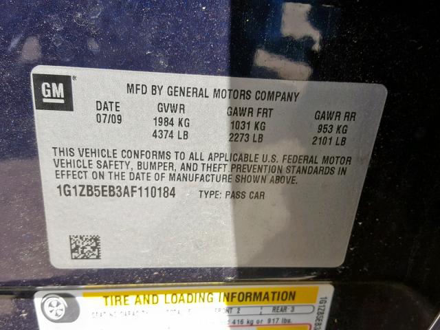 1G1ZB5EB3AF110184 - 2010 CHEVROLET MALIBU LS BLUE photo 10