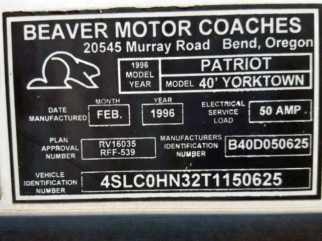 4SLC0HN32T1150625 - 1996 COACH MOTORHOME WHITE photo 10