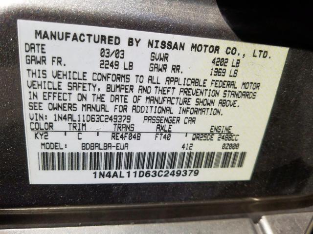 1N4AL11D63C249379 - 2003 NISSAN ALTIMA BASE  photo 10