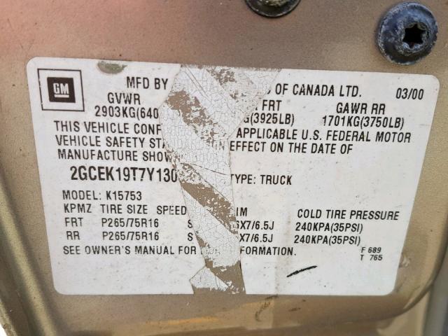 2GCEK19T7Y1309225 - 2000 CHEVROLET SILVERADO TAN photo 10