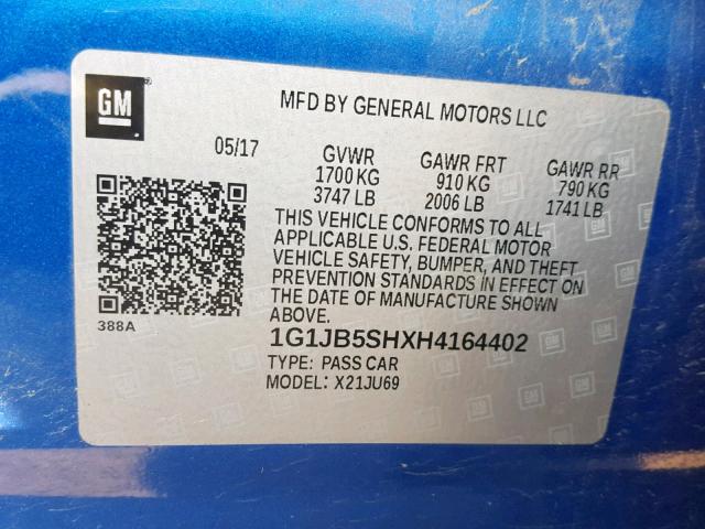 1G1JB5SHXH4164402 - 2017 CHEVROLET SONIC LS 蓝色 照片 10