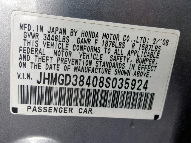 JHMGD38408S035924 - 2008 HONDA FIT SILVER photo 10