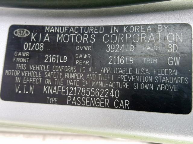 KNAFE121785562240 - 2008 KIA SPECTRA EX SILVER photo 10