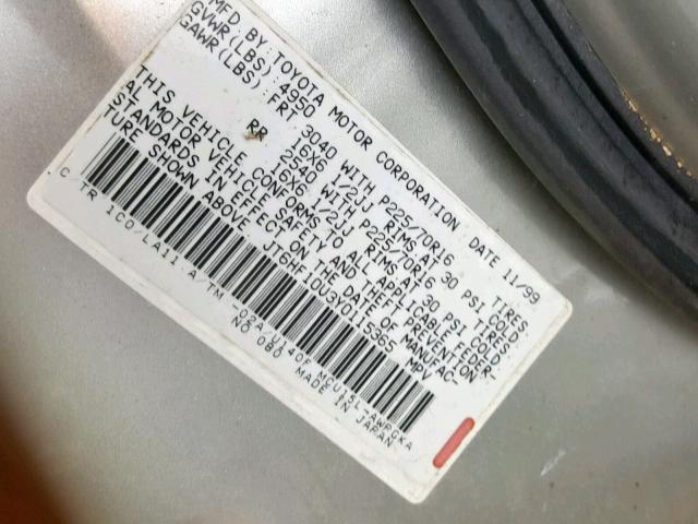 JT6HF10U3Y0115365 - 2000 LEXUS RX 300 GRAY photo 10