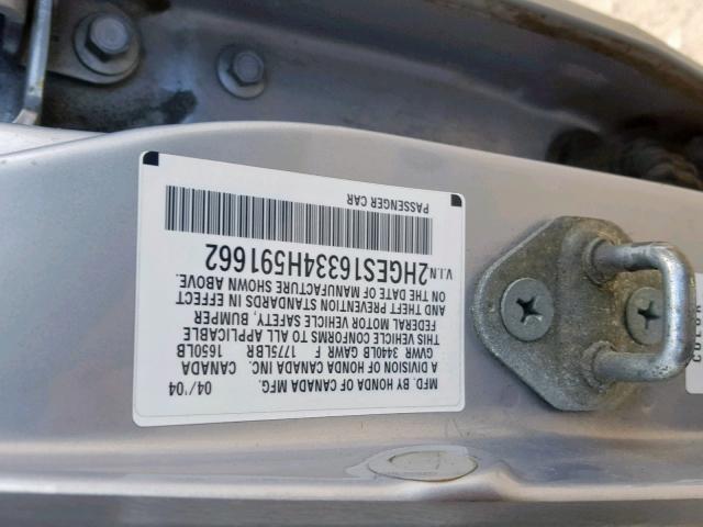 2HGES16334H591662 - 2004 HONDA CIVIC DX V SILVER photo 10