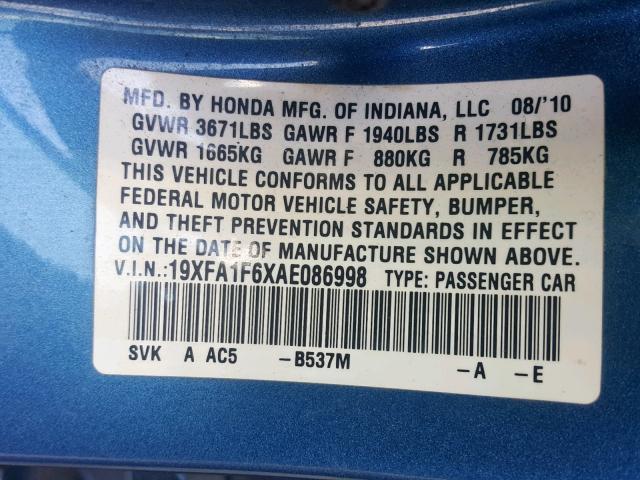 19XFA1F6XAE086998 - 2010 HONDA CIVIC LX-S Mavi foto 10