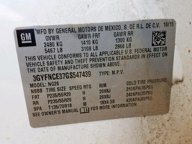 3GYFNCE37GS547439 - 2016 CADILLAC SRX PERFOR თეთრი ფოტო 10