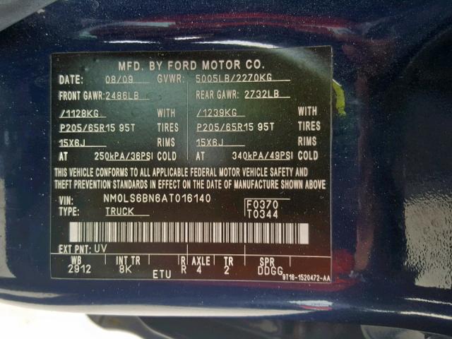 NM0LS6BN6AT016140 - 2010 FORD TRANSIT CO BLUE photo 10