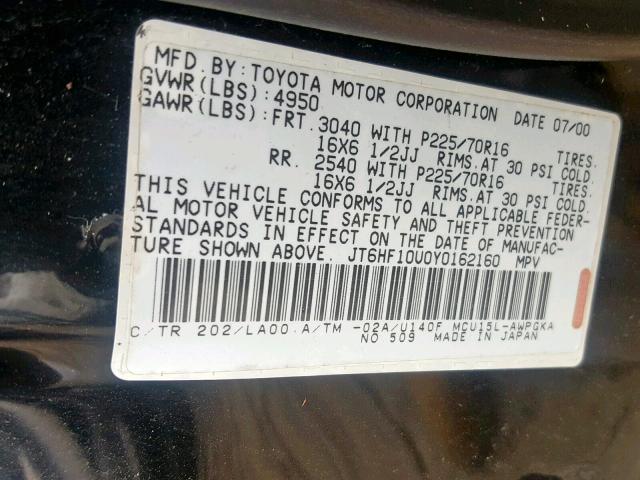 JT6HF10U0Y0162160 - 2000 LEXUS RX 300 BLACK photo 10