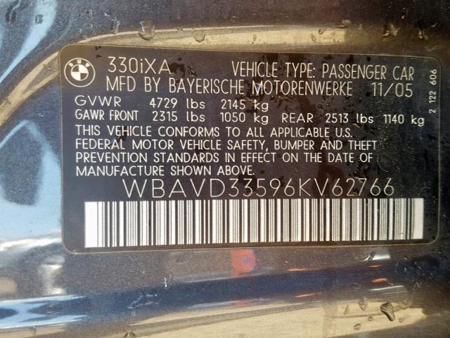 WBAVD33596KV62766 - 2006 BMW 330 XI BLUE photo 10