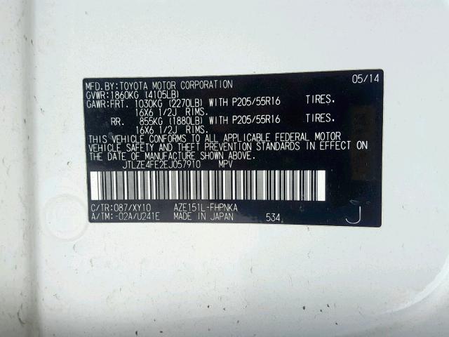 JTLZE4FE2EJ057910 - 2014 TOYOTA SCION XB 白色 照片 10