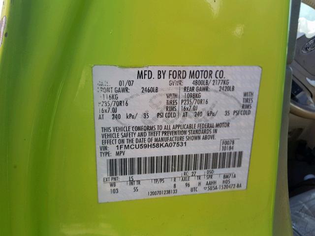 1FMCU59H58KA07531 - 2008 FORD ESCAPE HEV GREEN photo 10