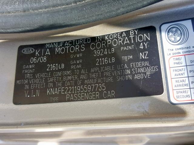 KNAFE221195597735 - 2009 KIA SPECTRA EX GOLD photo 10