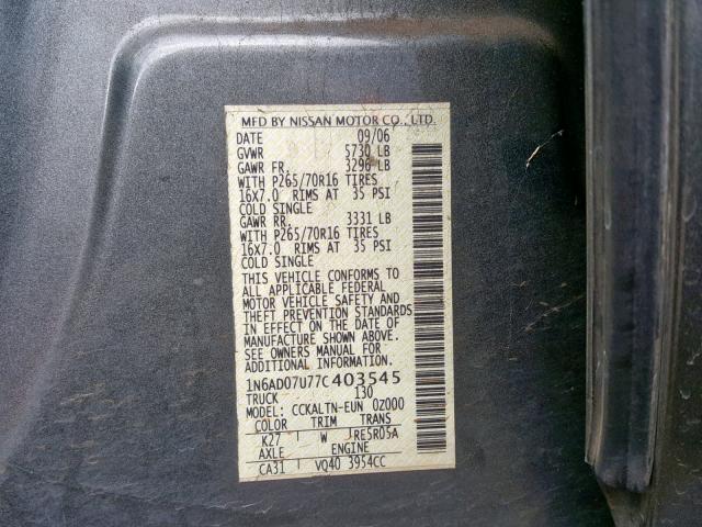 1N6AD07U77C403545 - 2007 NISSAN FRONTIER C GRAY photo 10