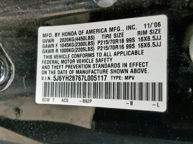 5J6YH28767L005117 - 2007 HONDA ELEMENT EX BLACK photo 10