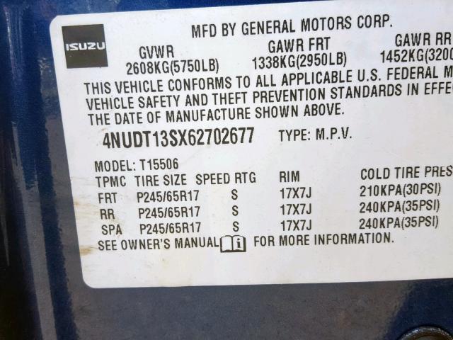 4NUDT13SX62702677 - 2006 ISUZU ASCENDER S 蓝色 照片 10