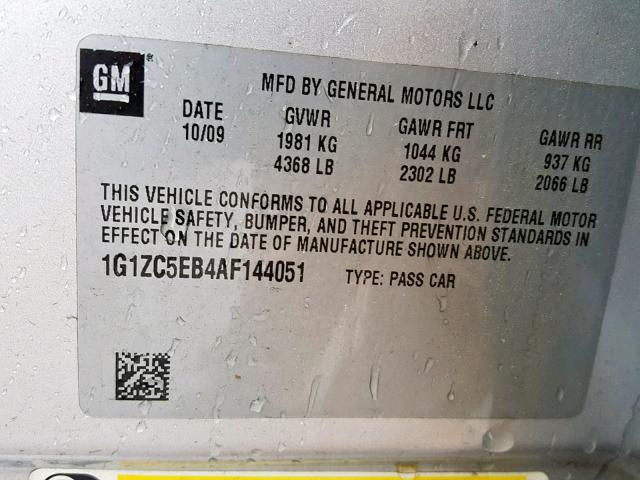 1G1ZC5EB4AF144051 - 2010 CHEVROLET MALIBU 1LT 银色 照片 10