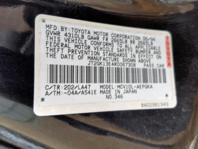 JT2GK13E4R0067308 - 1994 TOYOTA CAMRY XLE BLACK photo 10