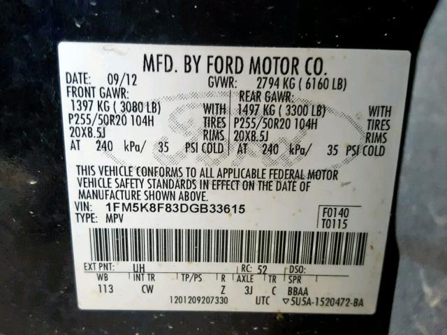 1FM5K8F83DGB33615 - 2013 FORD EXPLORER L BLACK photo 10